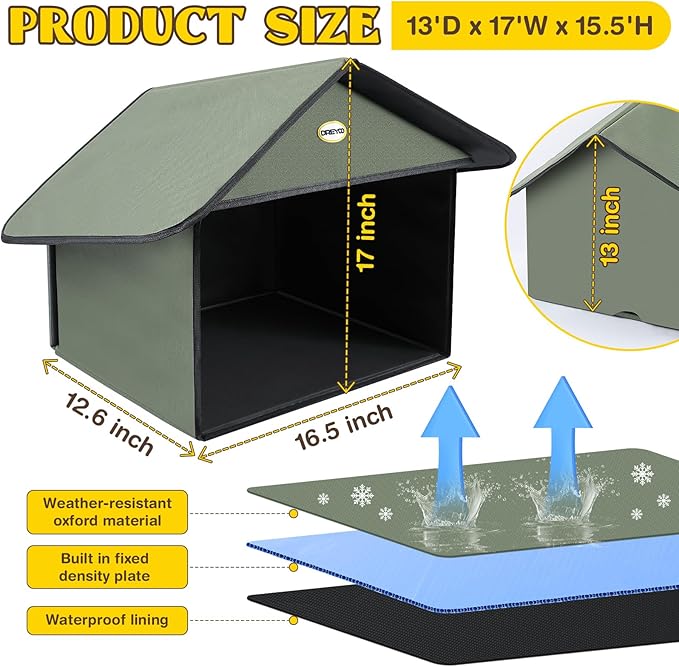 Dreyoo Outdoor Cat Feeding Station for Food & Water, Weatherproof Outdoor Kitty Dining Room Cat Shelter for Stray, Feral Cats and Community Cats, 13”d x 17”w x 15.5'h (1 Pack,Dark Green)