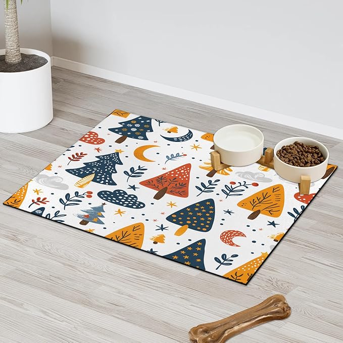 Christmas Tree Dog Food Mat for Floors Absorbent, Quick Dry Water Dispenser Mat for Food, Water, Pet Supplies 16" x 24", Flower
