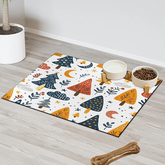 Christmas Tree Dog Food Mat for Floors Absorbent, Quick Dry Water Dispenser Mat for Food, Water, Pet Supplies 24" x 32", Flower