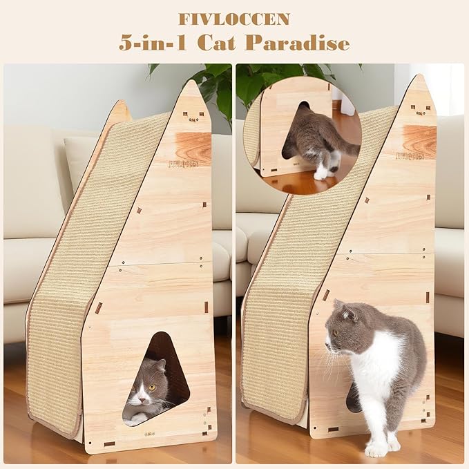 Enhanced Wood-Framed Cat Scratching Post: Large Sisal Cat Scratcher, Integrated Scratch Post Pad Condo Tunnel House. All-in-One Space Saver for Multi-Cat & Budget-Friendly Homes(24in)