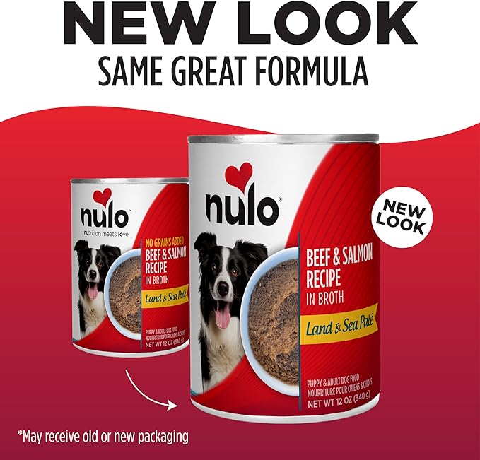 Nulo Land & Sea for Adult Dogs & Puppies Beef & Salmon Recipe in Broth 12 Ounce Cans, Pack of 5