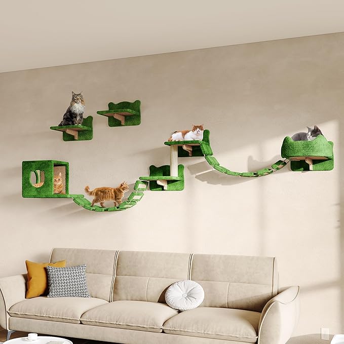 9-in-1 Cat Wall Shelves, Multi-Level Wall Mounted Cats Furniture Set with Plush Fabric, Floor Space-Saving Wooden Cat Climbing Wall Systems with Scratching Post, Bridge Ladder, Condos, Green