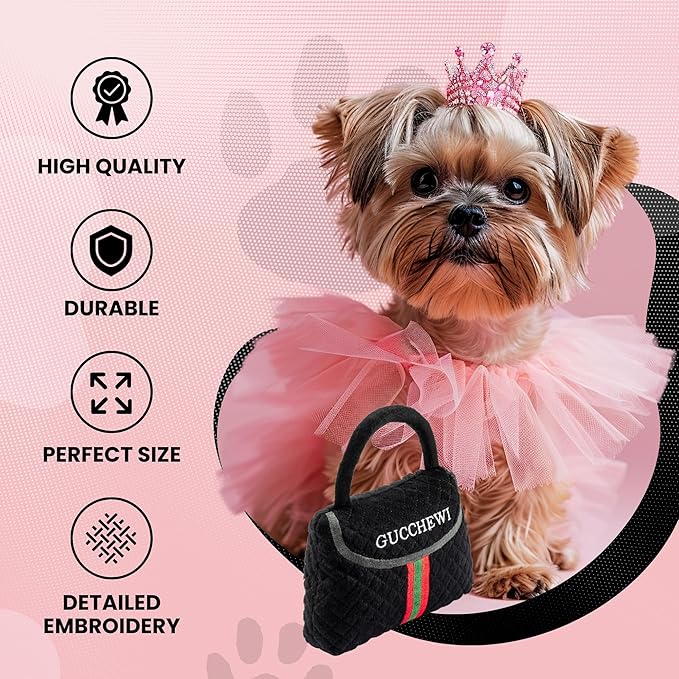 Dog Diggin Designs Gucchewi Striped Plush Dog Toy Purse | Luxury-Inspired Parody Designer Handbag with Squeaker, Soft Plush Fashion Dog Toy – Haute Couture Purses & Handbags