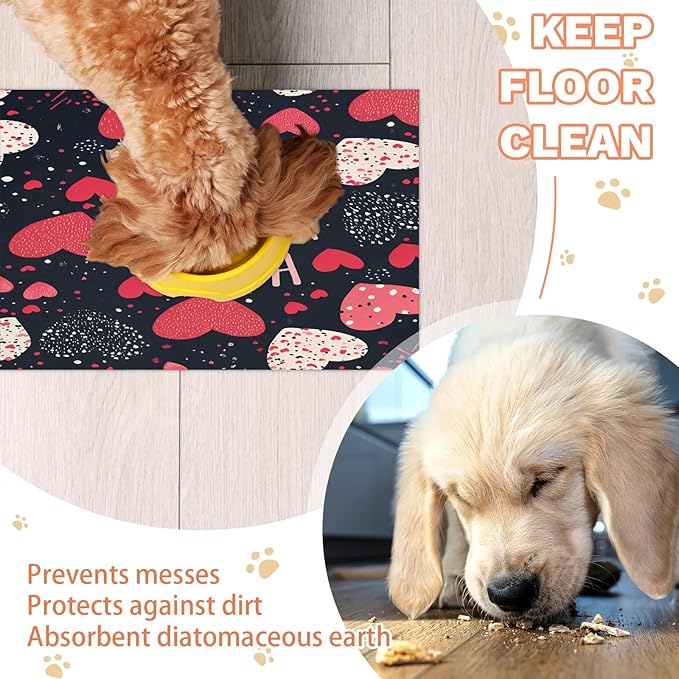 Happy Valentine Dog Food Mat for Floors Absorbent, Quick Dry Water Dispenser Mat for Food, Water, Pet Supplies 12" x 20", Love Heart