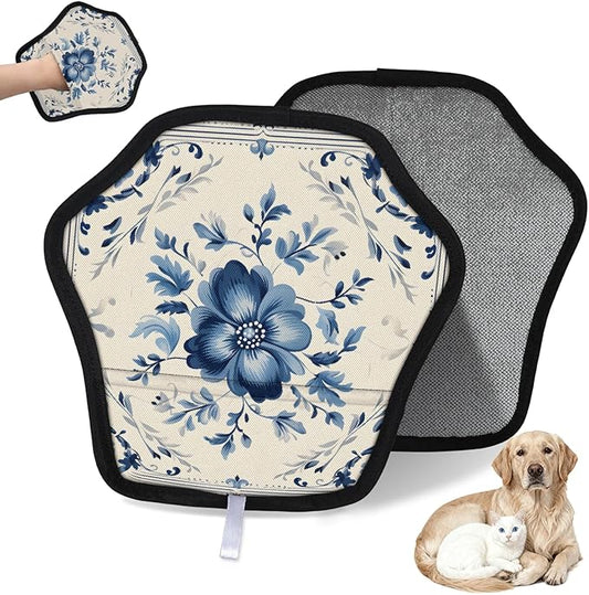 Reusable Pet Hair Removal Glove Blue Floral Pattern Magic Brush for Cat & Dog Hair Remover for Car, Sofa, Bedding, Clothes - 9x9 Mitt Washable