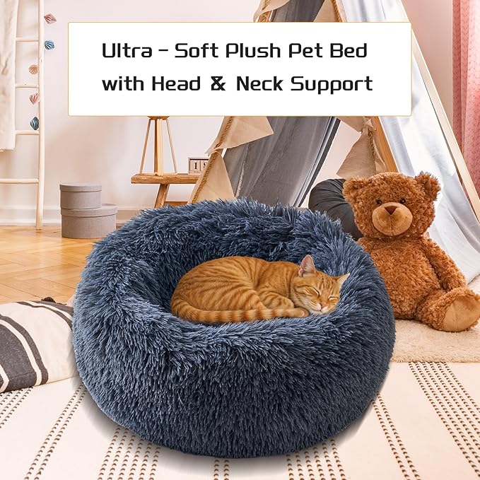 Comfort Donut Dog Bed for Small Dogs, Cat Bed & Pet Bed for Indoor Use, Medium Size with Soft Plush, Round Dog Beds for Large Dogs and Cats (Gray, 32''Lx32''Wx8''Th)