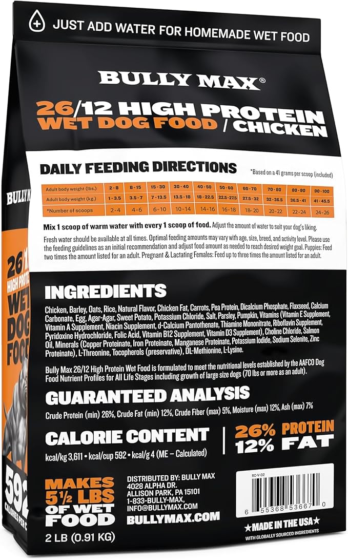 Bully Max Wet Dog Food for Adults & Puppies - Dehydrated High Protein Instant Fresh Soft Dog Food with Chicken - Healthy Muscle Growth for Small & Large Breeds - 2 Dry Pounds (Makes 5.5 lbs. Wet Food)