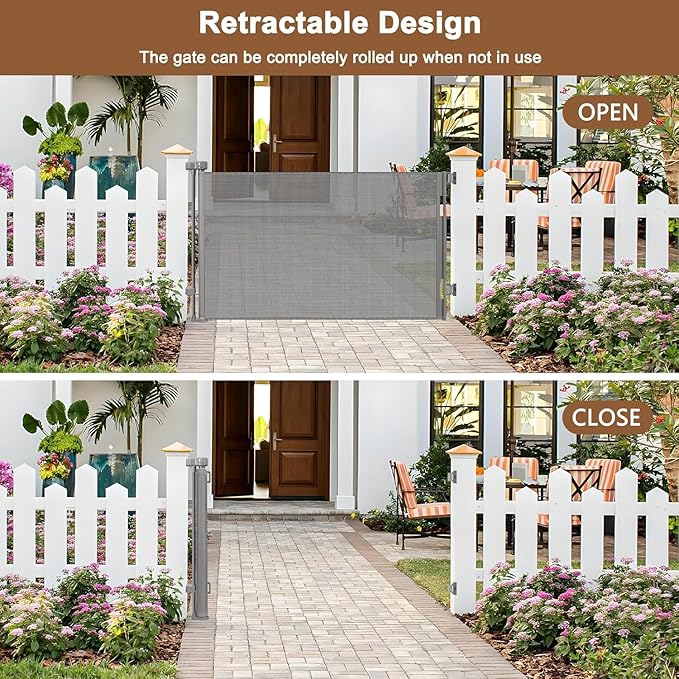 100" Wide Weatherproof Outdoor Retractable Dog Gate with No Rust Screws and Rods, Waterproof 8 Ft Retractable Baby Gates Extra Wide, Scratch-Resistant Mesh Long Baby Gates Indoor Extra Long, Gray