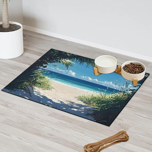 Ocean Beach Dog Food Mat for Floors Absorbent, Quick Dry Water Dispenser Mat for Food, Water, Pet Supplies 16" x 24", Tropical Seaside