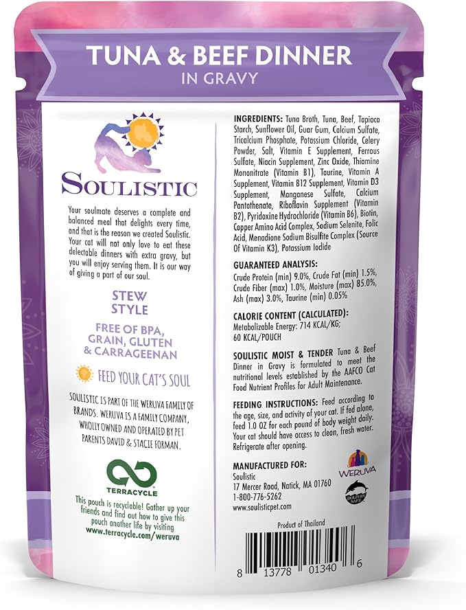 Soulistic Moist and Tender, Tuna and Beef Dinner in Gravy, 3oz Pouch, Pack of 8