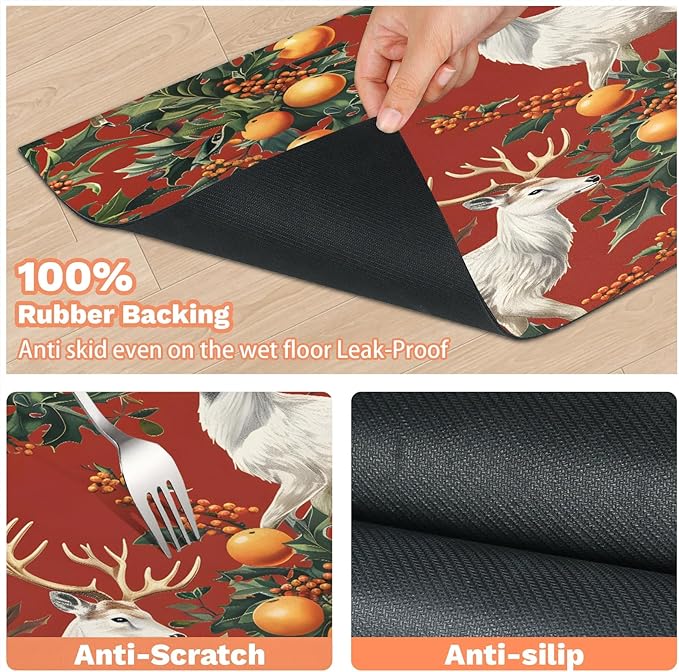 Christmas Deer Dog Food Mat for Floors Absorbent, Quick Dry Water Dispenser Mat for Food, Water, Pet Supplies 24" x 32", Holly Xmas