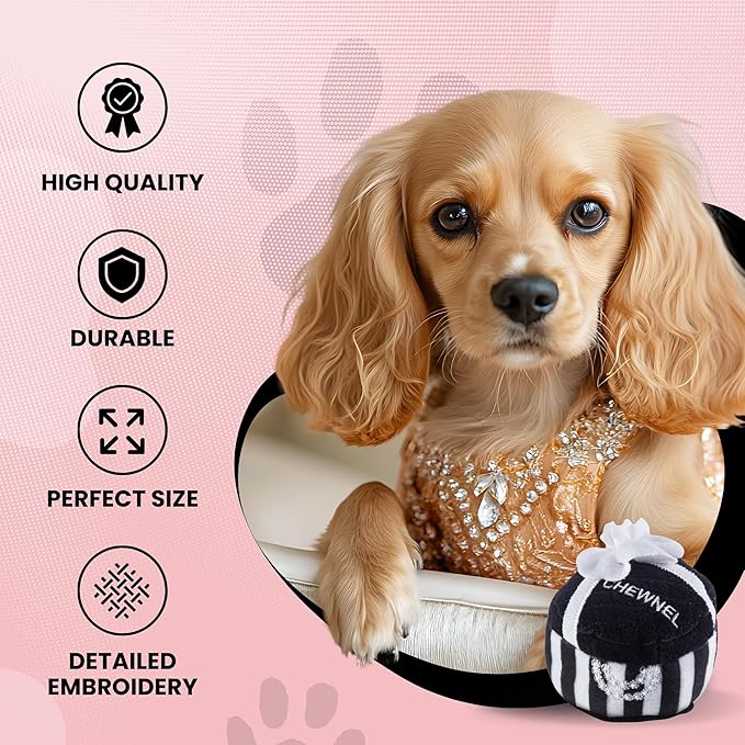 Dog Diggin Designs Chewnel Plush Dog Toy Gift Box | Luxury-Inspired Parody Designer Gift Box with Squeaker, Soft Plush Interactive Dog Toy – Thinking Outside The Box