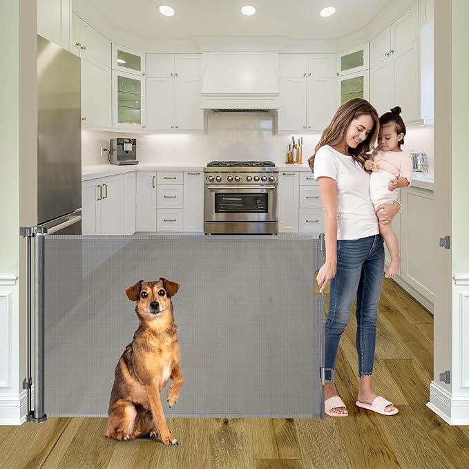 55 Inch Retractable Baby Gate for Stairs Retractable Dog Gates for Doorways Outdoor Baby Gates for Decks Indoor Dog Gates for The House Extra Wide Pet Gate Stair Gates for Kids or Pets Deck Gate Gray