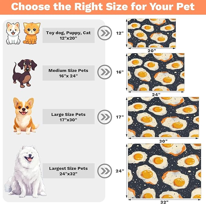 Cartoon Eggs Dog Food Mat for Floors Absorbent Dog Bowl Mat for Food and Water Dispenser Quick Dry Cat Food Placemat Pet Supplies 24" x 32", Fried Egg