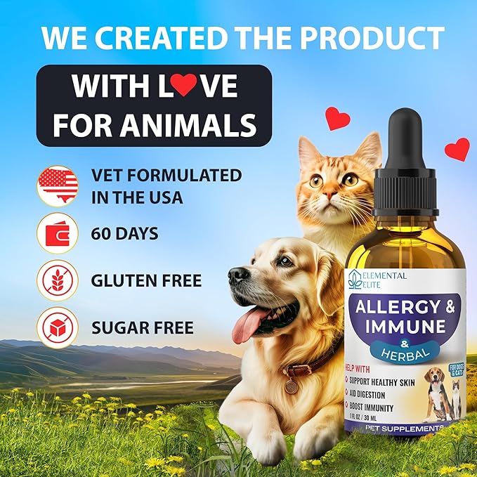 Allergy Relief Drops for Dogs & Cats, Natural Anti-Itch Support Supplement, Soothes Seasonal Allergies, Skin Irritation & Boosts Pet Wellness, Gentle Herbal Formula for All Breeds & Ages
