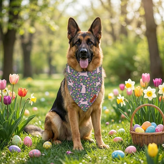 PTDECOR Easter Dog Bandana, Rabbit Floral Dog Scarf, Premium Durable Fabric, Black Easter Bandanas for Extra Large Dogs (X-Large)