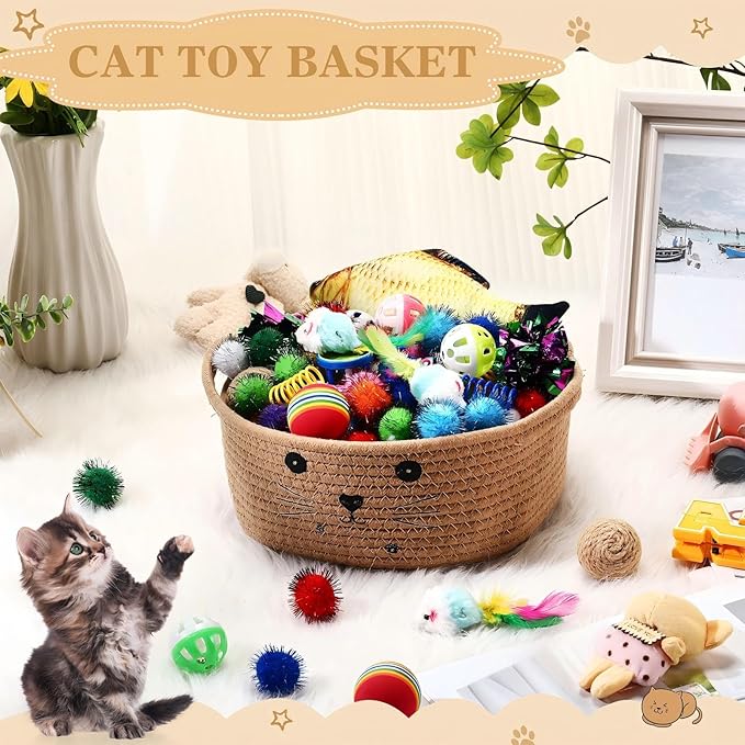 Zopeal 58 Pcs Easter Cat Storage Basket Gift Toys Set, Colorful Flashing Balls Pet Bell Crinkle Balls Spring Toys Attract Cat to Swat, Hunt, Interactive for Pet(Khaki,9.8 Inch)