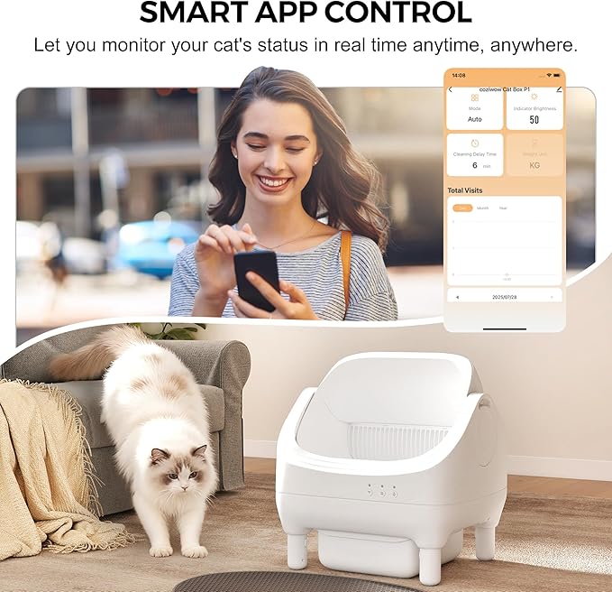 Coziwow Smart Open Top Automatic Litter Box, Self Cleaning Cat Litter Box with App Control & Odor Isolation, Cat Litter, Large Capacity for Multiple Cats, Includes Trash Bags & Cat Litter Mat
