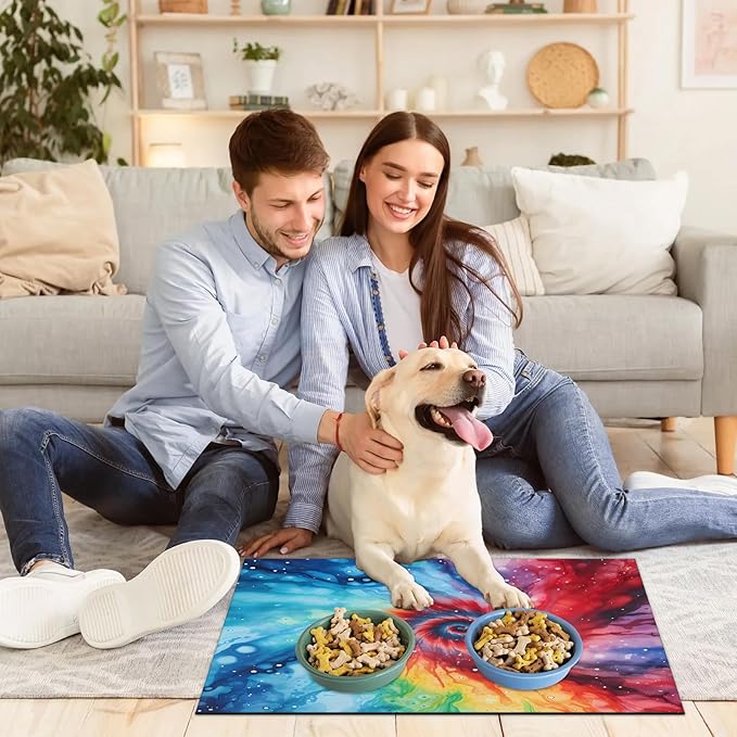 Tie Dye Dog Food Mat for Floors Absorbent, Quick Dry Water Dispenser Mat for Food, Water, Pet Supplies 24" x 32", Red Blue