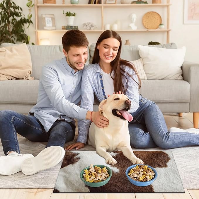 Cow Fur Dog Food Mat for Floors Absorbent Dog Bowl Mat for Food and Water Dispenser Quick Dry Cat Food Placemat Pet Supplies 16" x 24", Cow Print