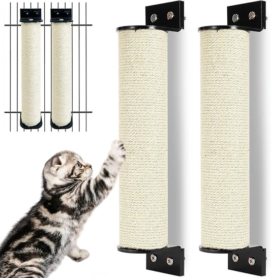 Cat Scratching Post Wall Mounted 2-in-1 Cage Mount Cat Scratcher 2 Pack Natural Sisal Kitty Scratch Posts for Indoor Kittens to Scratch and Climbing 15.7 x 2.7 inches (White)