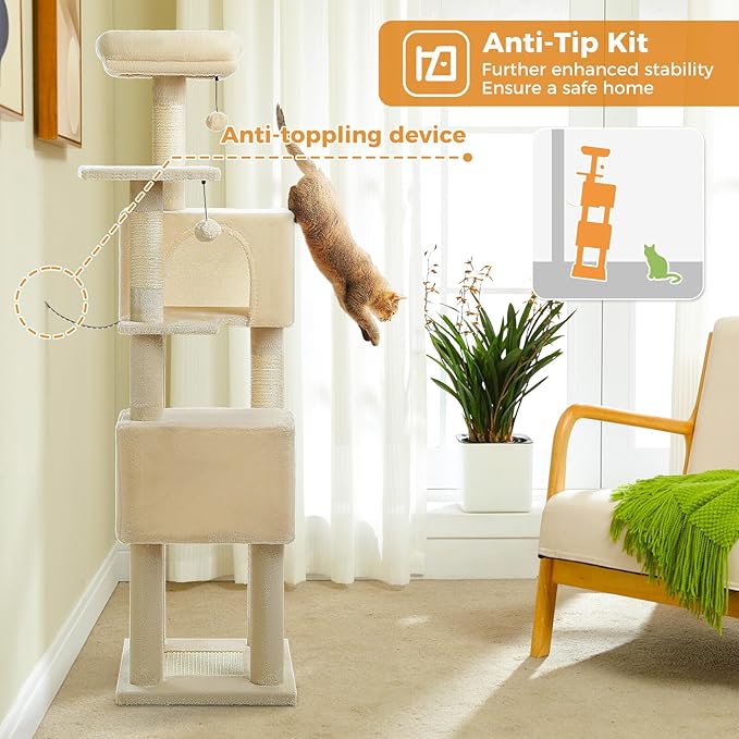 Cat Tree for Indoor Cats, 62" Multi-Level Cat Tower with 2 Spacious Condos, Scratching Pad, 4 Cat Scratching Posts, 2 Top Perches, 2 Pompoms, Beige