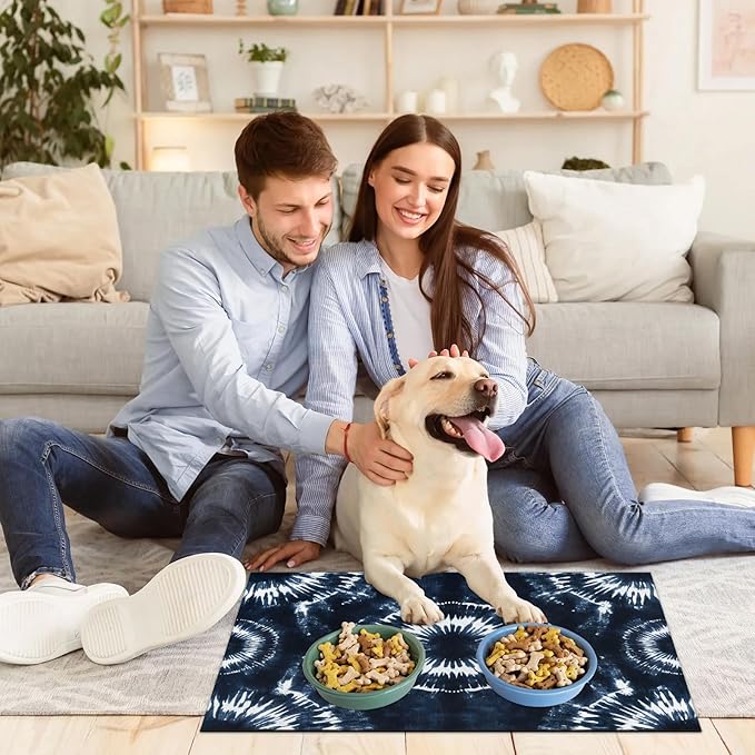 Black Tie Dye Dog Food Mat for Floors Absorbent, Quick Dry Water Dispenser Mat for Food, Water, Pet Supplies 12" x 20", Boho Tie Dye