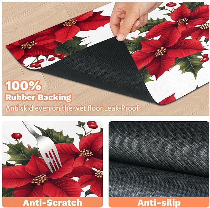Red Poinsettia Dog Food Mat for Floors Absorbent, Quick Dry Water Dispenser Mat for Food, Water, Pet Supplies 16" x 24", Xmas Holly