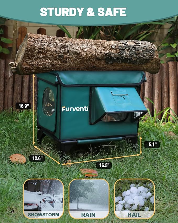 Heated Cat House for Outdoor Cats, Waterproof Insulated Outdoor Cat House with Heating Pad, Weatherproof Elevated Heated Cats House for Outside Feral Cats(Deep Green, 16.5" L x 12" W x 18" H)