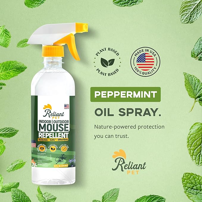 Peppermint Oil Mouse Repellent Spray 16oz - Natural Mice Deterrent for Indoor & Outdoor Use - Mouse Repellent Spray for Home, Car Engines, RV - Pet Safe Pest Control - Made in USA