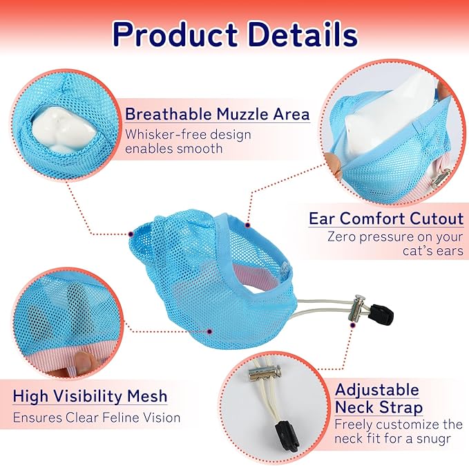 2 Pieces Soft Cat Muzzles Mask Breathable Mesh Cat Restraint for Nail Clipping Anti-Bite Anti-Meow Grooming Muzzles for Cats,Blue,L