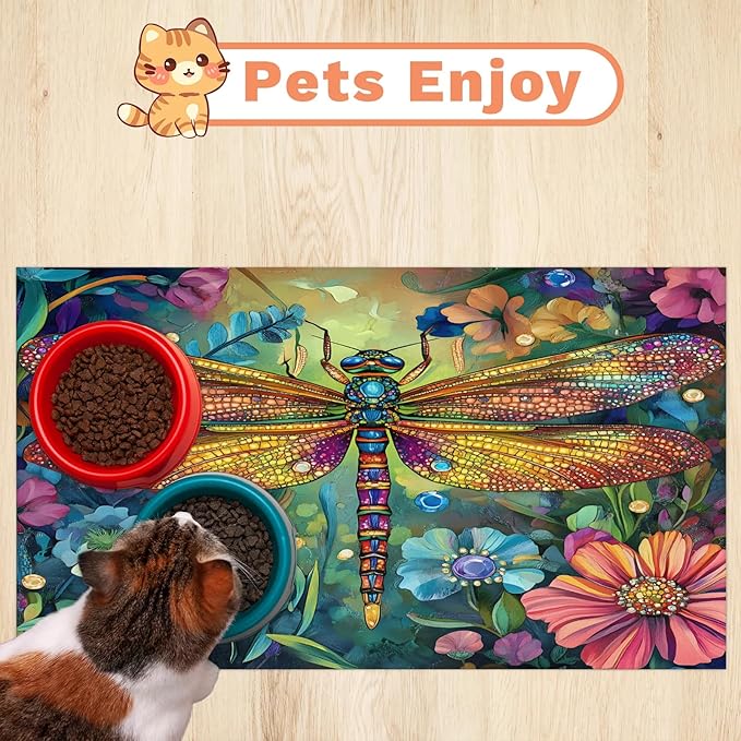 Dragonfly Dog Food Mat for Floors Absorbent, Quick Dry Water Dispenser Mat for Food, Water, Pet Supplies 17" x 30", Wildflower