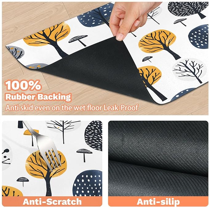Tree Dog Food Mat for Floors Absorbent, Quick Dry Water Dispenser Mat for Food, Water, Pet Supplies 17" x 30", Boho Plant