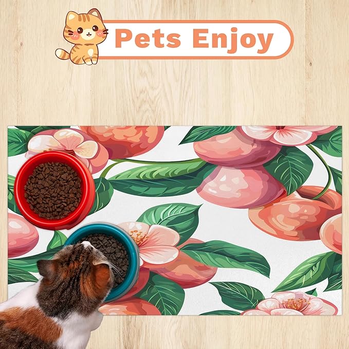 Peach Dog Food Mat for Floors Absorbent Dog Bowl Mat for Food and Water Dispenser Quick Dry Cat Food Placemat Pet Supplies 12" x 20", Flower