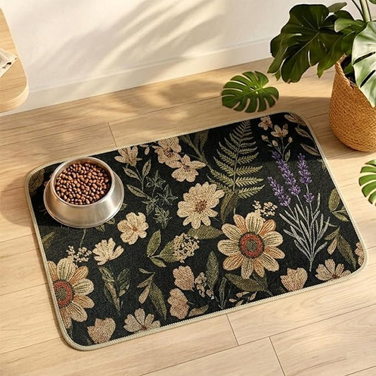 Dog Food Mats for Floors, Waterproof Quick Dry for Cat Bowl Food and Water, Eco-Friendly Accessories Pet Supplies(12"x20",Forest Flower)