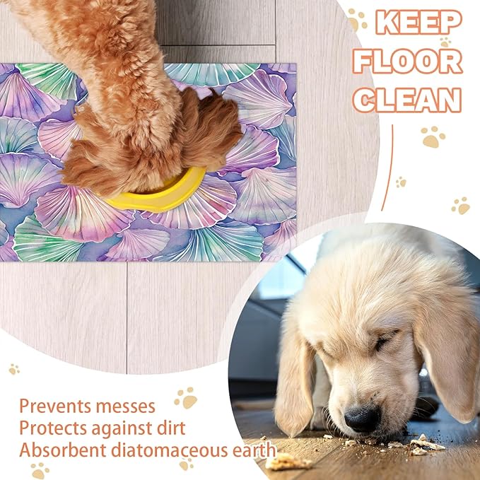 Watercolor Shell Dog Food Mat for Floors Absorbent Dog Bowl Mat for Food and Water Dispenser Quick Dry Cat Food Placemat Pet Supplies 16" x 24", Coastal Seashell