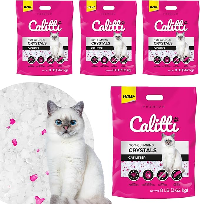 Premium Crystal Cat Litter – Ultra Absorbent & Maximum Odor Control – 99.9% Dust-Free, Low Tracking, Non-Clumping Silica Gel – Unscented – 32 lb (4 x 8 lb Packs)
