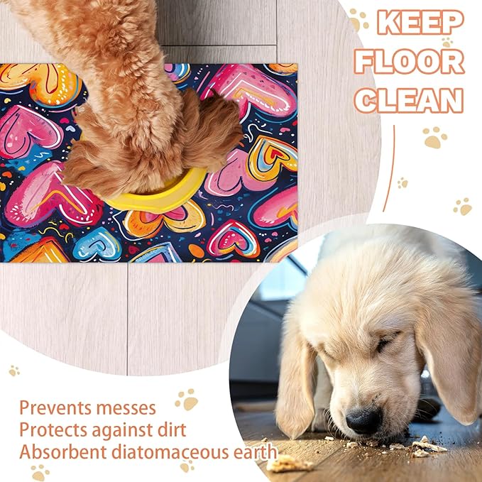 Heart Dog Food Mat for Floors Absorbent, Quick Dry Water Dispenser Mat for Food, Water, Pet Supplies 12" x 20", Love Theme