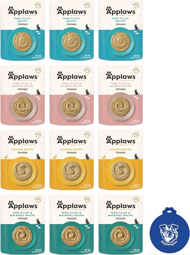 Applaws Mousse Natural Wet Cat Food in 4 Flavors with Tuna Fillet, Salmon, Mackerel or Chicken (12 Pouches Total, 2.47 Ounces Each) Plus Shaynanigans Silicone Lid