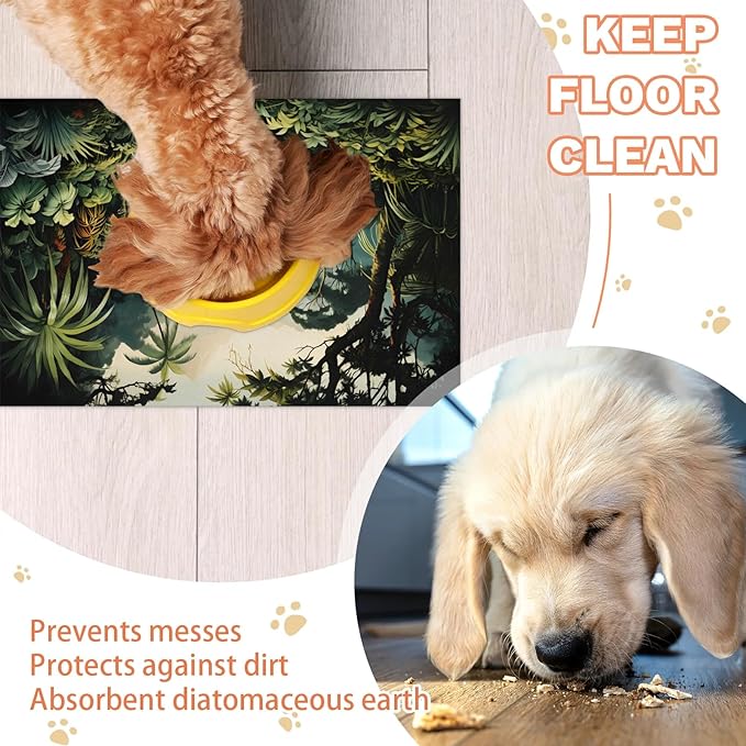 Tropical Rainforest Dog Food Mat for Floors Absorbent, Quick Dry Water Dispenser Mat for Food, Water, Pet Supplies 24" x 32", Green Forest