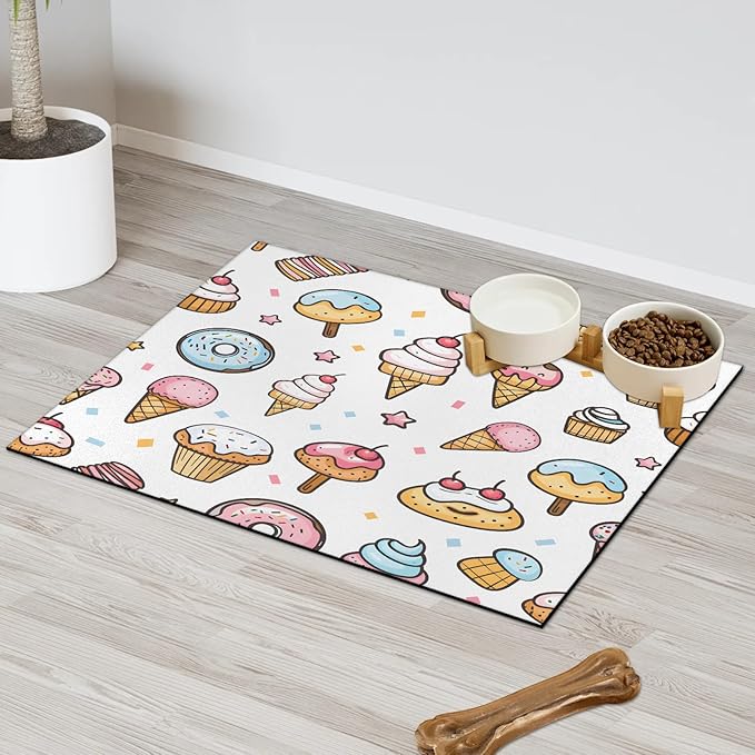 Ice Cream Dog Food Mat for Floors Absorbent Dog Bowl Mat for Food and Water Dispenser Quick Dry Cat Food Placemat Pet Supplies 17" x 30", Boho Cake