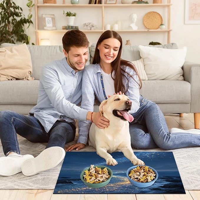 Ocean Dog Food Mat for Floors Absorbent, Quick Dry Water Dispenser Mat for Food, Water, Pet Supplies 12" x 20", Galaxy Star