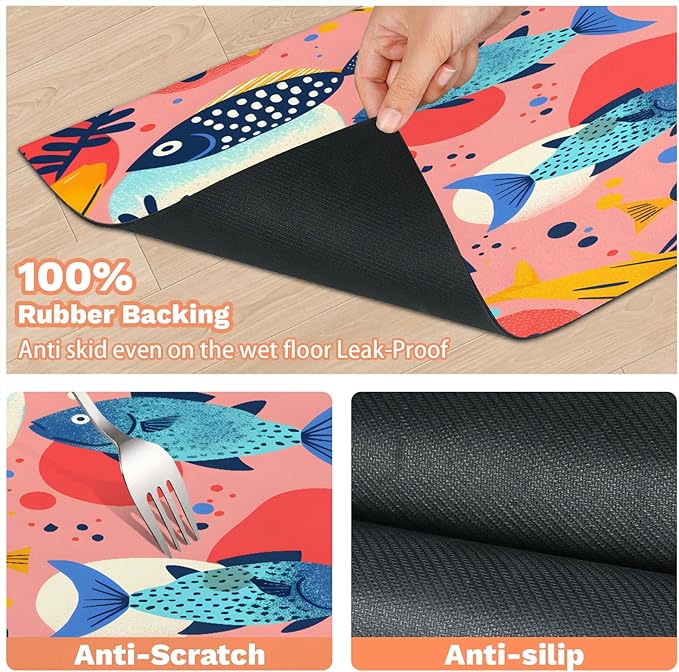 Tropical Fish Dog Food Mat for Floors Absorbent Dog Bowl Mat for Food and Water Dispenser Quick Dry Cat Food Placemat Pet Supplies 17" x 30", Coral