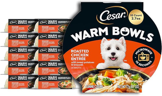 Cesar Warm Bowls Wet Dog Food Roasted Chicken Entree with Sweet Potatoes & Broccoli in Broth, Wet Food for Dogs, 2.7 oz. Bowls, 10 Count