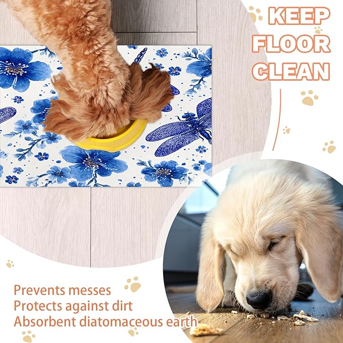 Blue Dragonfly Dog Food Mat for Floors Absorbent, Quick Dry Water Dispenser Mat for Food, Water, Pet Supplies 24" x 32", Flowers