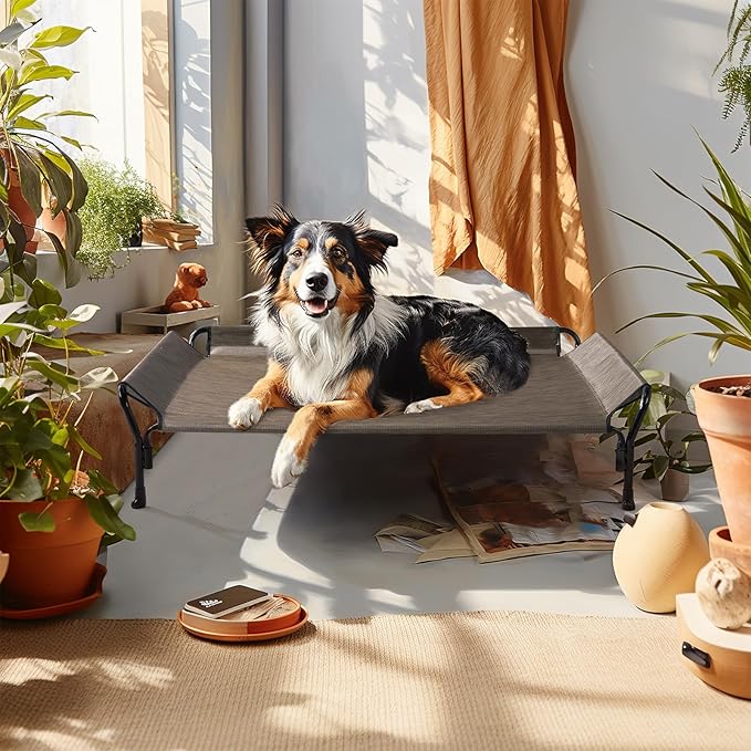 Veehoo Cooling Elevated Dog Bed, Raised Pet Cot with Guardrail & Slope Headrest, Durable Breathable Teslin Mesh, Non-Slip Feet, Washable Dog Couch Bed for Indoor & Outdoor, Large 47" x 32", Brown