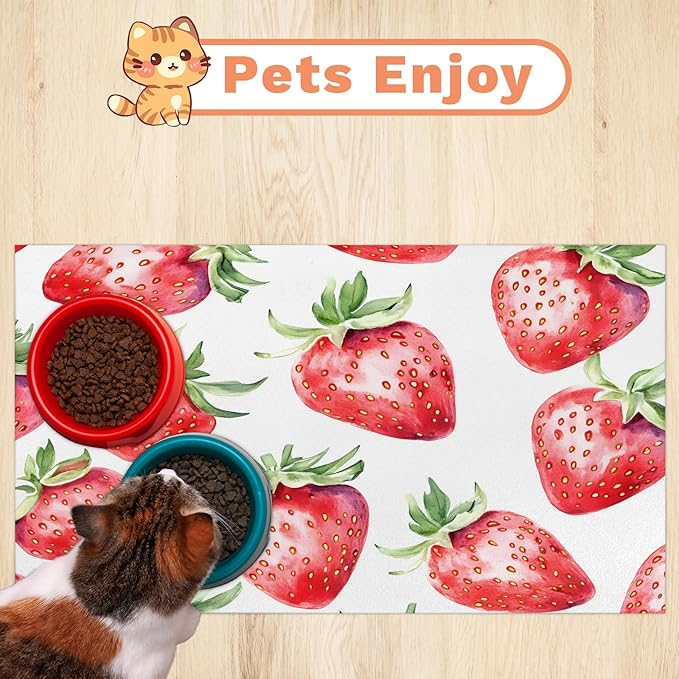 Strawberry Dog Food Mat for Floors Absorbent Dog Bowl Mat for Food and Water Dispenser Quick Dry Cat Food Placemat Pet Supplies 16" x 24", Cute Fruit