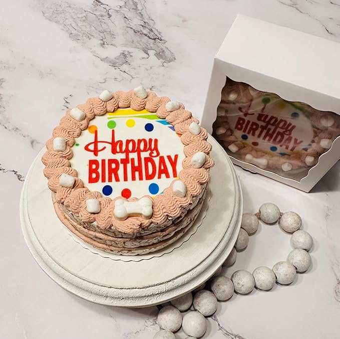 Crispy Rocky Road w/Marshmellows Dog Birthday Cake- Edible Puppy Party Crispy Vanilla Rice Cake, Yogurt Icing w/Marshmellows-Perfect Dog Party Cake Boxed, Iced and Decorated