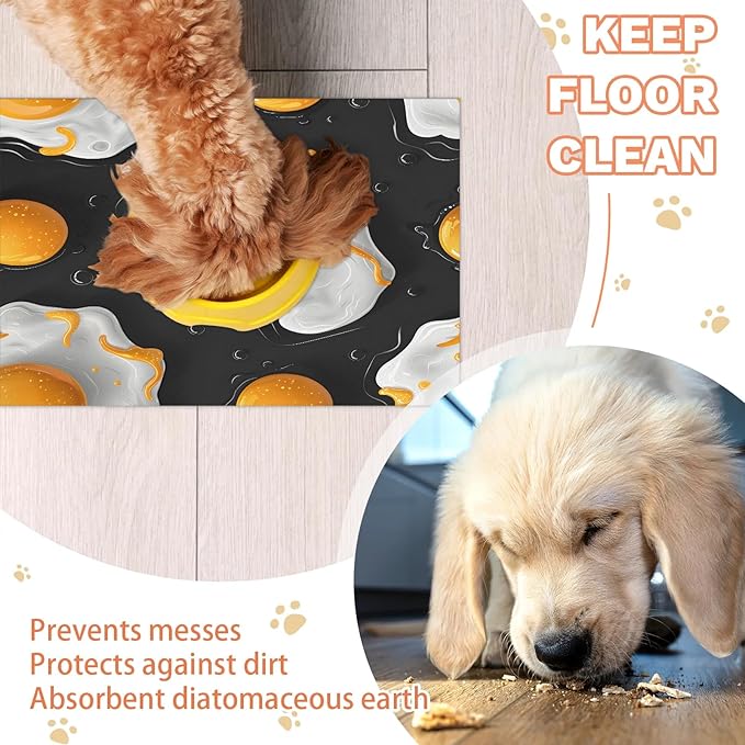 Fried Egg Dog Food Mat for Floors Absorbent Dog Bowl Mat for Food and Water Dispenser Quick Dry Cat Food Placemat Pet Supplies 17" x 30",