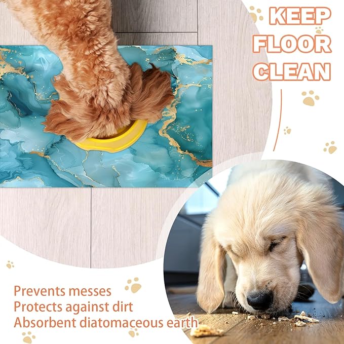 Blue Marble Dog Food Mat for Floors Absorbent, Quick Dry Water Dispenser Mat for Food, Water, Pet Supplies 17" x 30", Abstract